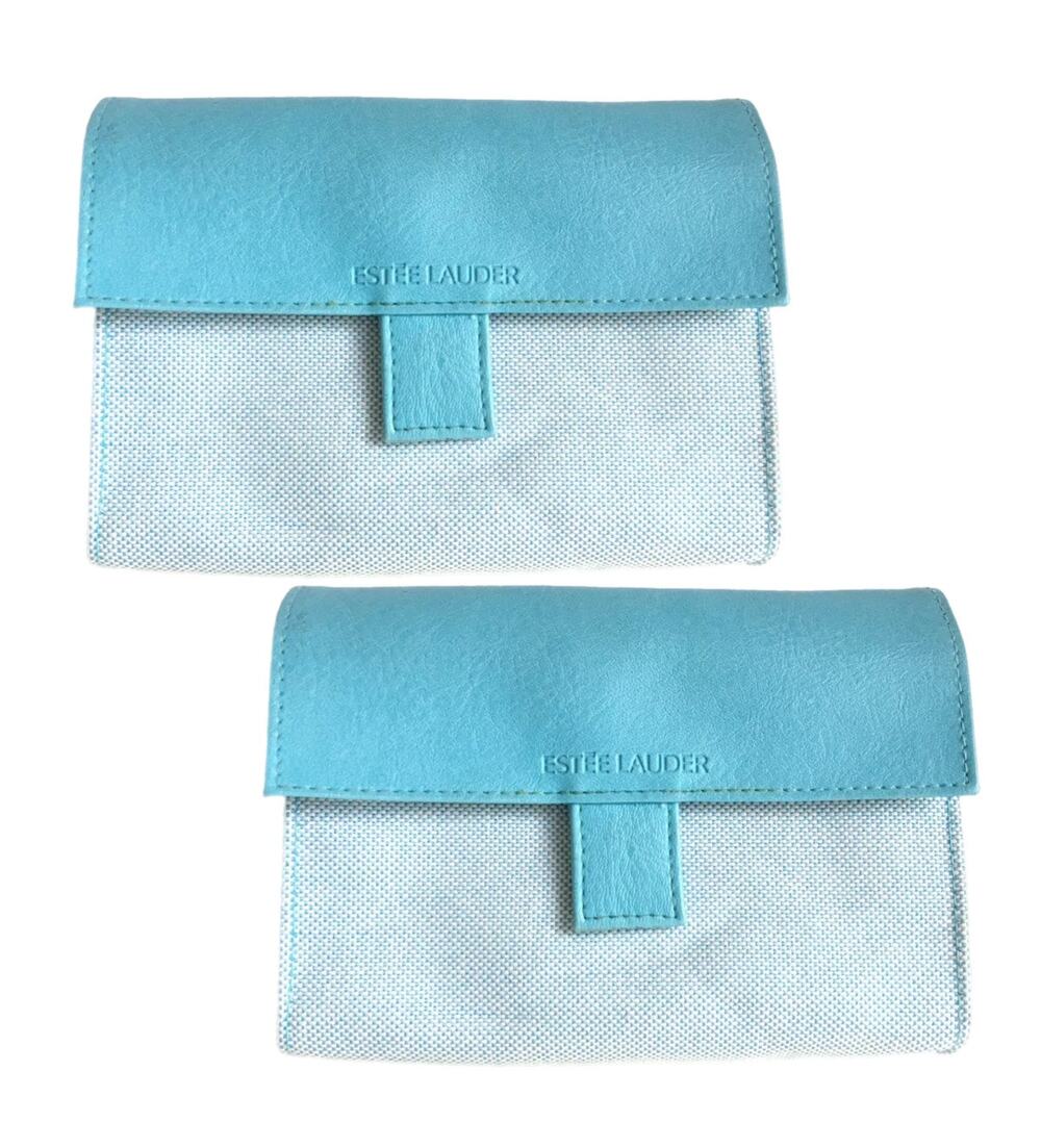 2 x Vintage Estee Lauder Blue Canvas Travel Cosmetic Makeup Bag + Tag